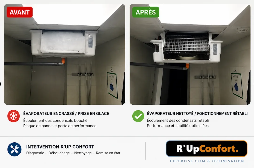 Avant après dépannage climatisation Paris évaporateur pris en glace et condensats bouchés