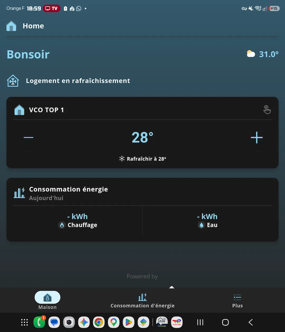 Application native De Dietrich pilotage pompe à chaleur smartphone