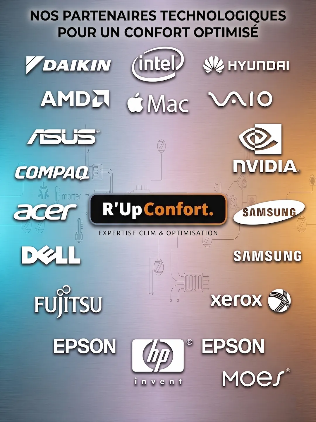 Nos partenaires technologiques informatiques : Intel, AMD, Asus, HP, Samsung, Daikin, etc.