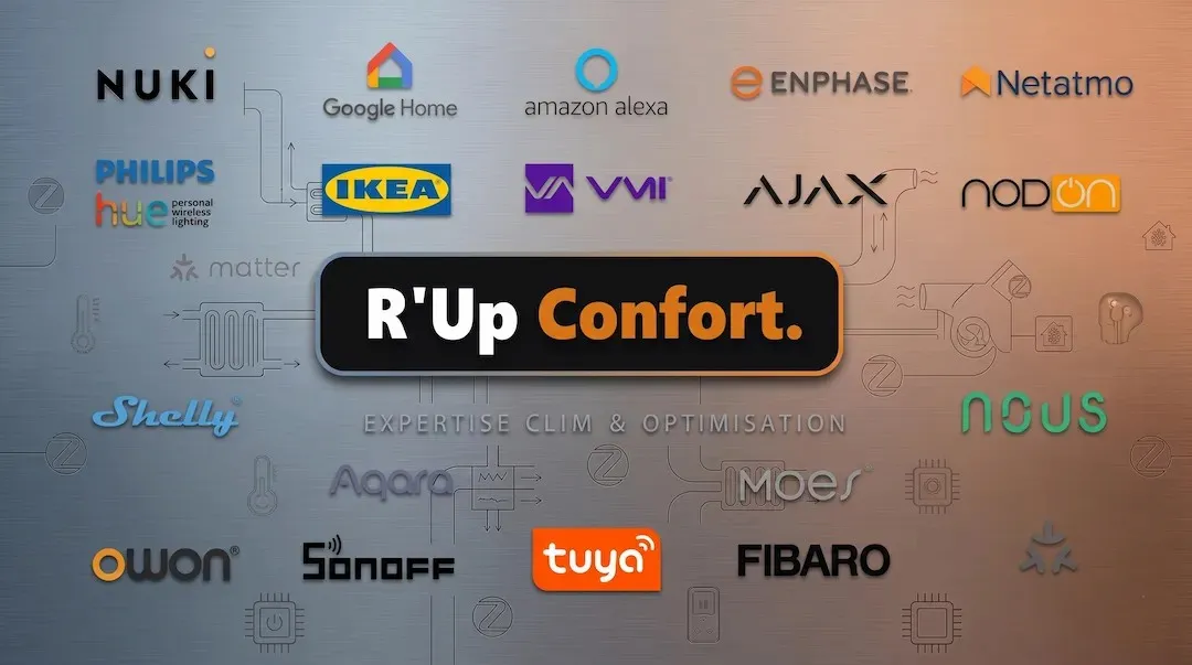Marques partenaires R'Up Confort Domotique : Nuki, Google Home, Amazon Alexa, Netatmo, Philips Hue, Somfy, Shelly, Aqara, Sonoff, Tuya, Fibaro
