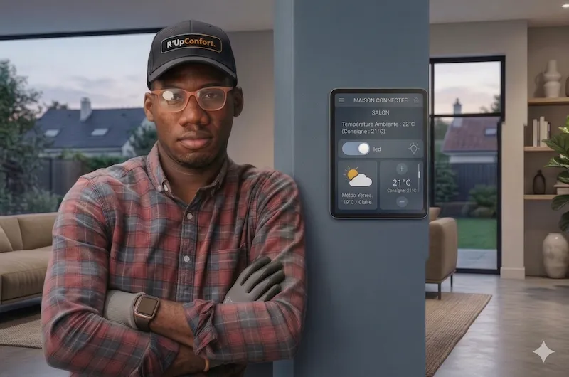 Technicien installant un système de pilotage domotique sur une climatisation existante